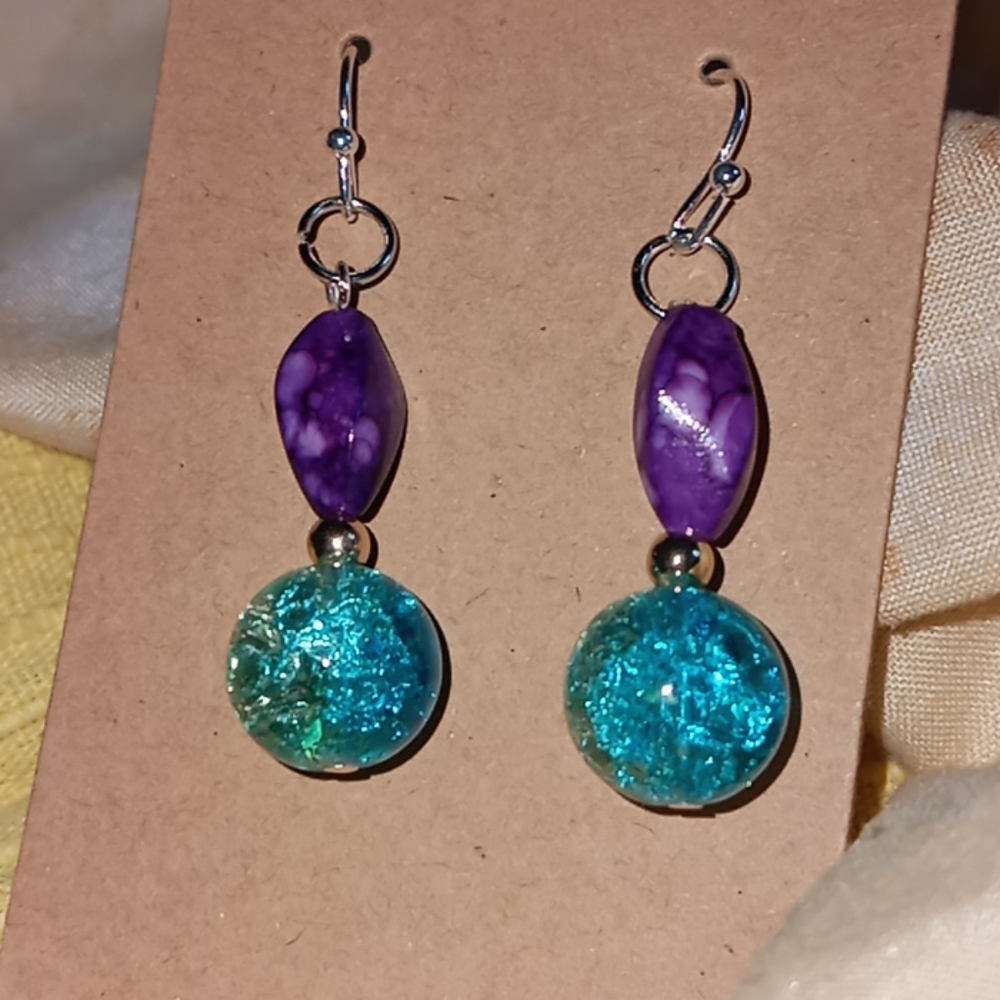 Hand Crafted blue and purple with gold plated accents statement earrings